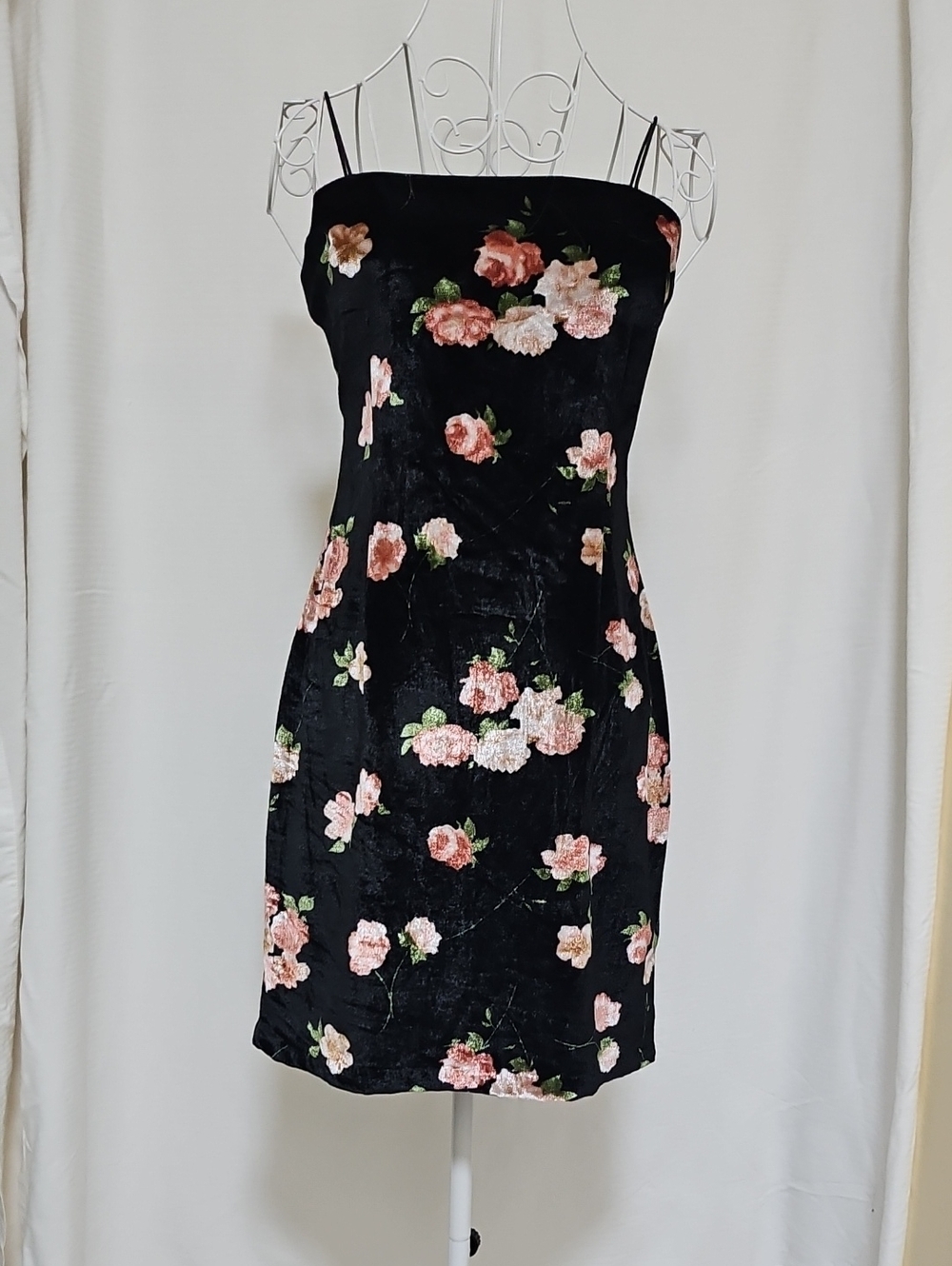 Aqua Black Velvet Mini Dress with Pink Floral Print